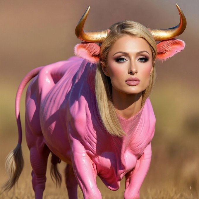 A surreal digital artwork blends a pink cow's body with a blonde woman's face wearing golden horns, standing in a dry field with a warm sunset glow.