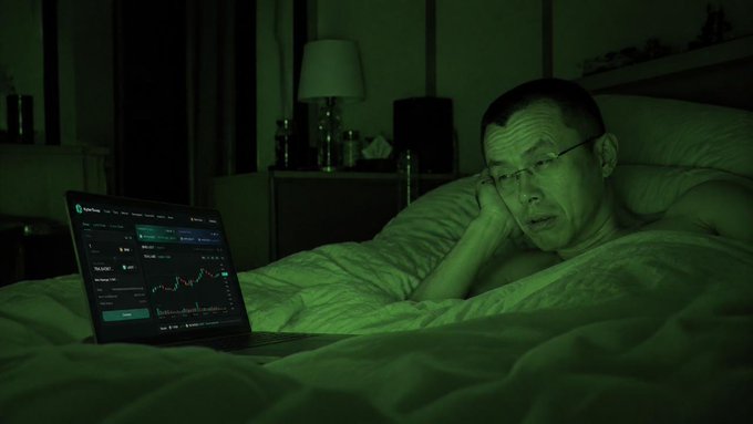 A man wearing glasses lies in bed in a dimly lit room with green lighting, staring at a laptop displaying cryptocurrency trading charts on Binance.