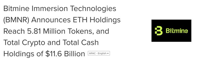 A headline from Bitmine Immersion Technologies (ticker: BMNR) announces that the company's ETH holdings have reached 5.81 million tokens, alongside total crypto and cash holdings of $11.6 billion. The image relates to the accompanying post by highlighting BitMine's growing Ethereum treasury, with the 5.81 million ETH figure closely matching the post's stated 5,805,238 ETH total.