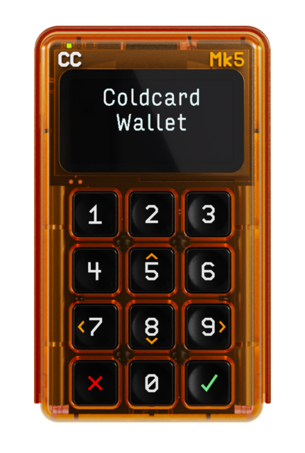 A transparent orange Coldcard Mk5 hardware wallet is shown with its screen displaying "Coldcard Wallet" and a numeric keypad featuring red X, green checkmark, and navigation symbols. The image illustrates the device central to the security flaw described in the post, which allowed hackers to remotely drain over $115 million in Bitcoin from more than 8,000 wallets.