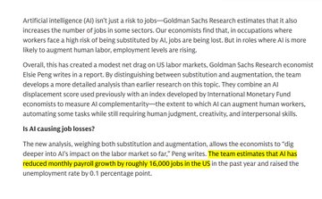 A text excerpt discussing AI's impact on labor, with a highlighted section stating 'reduced monthly payroll growth by roughly 16,000 jobs in the US in the past year.'