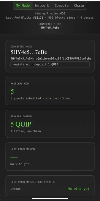 The image shows an iPhone screen displaying information related to a Quip node, which is a type of computer hardware used for mining problems. The screen also displays a list of errors that have been encountered during the node's operation. The text on the screen indicates that the node has experienced a problem and needs to be updated or restarted. Additionally, there are details about how to upgrade the Quip node to version v.0.2, which will release in a few days. Users can expect to receive rewards for running this node within a week due to the need for an update.