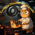 The image features a cartoon cat wearing an orange chef's hat, standing next to a stove with a frying pan on top of it. The cat appears to be cooking something in the pan using a spatula. In the background, there are some kitchen items such as bowls and bottles. The post that accompanies this image is titled "Cook Up Fluxion's New Look" and has an exclamation mark at the end.