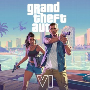 The promotional image for Grand Theft Auto VI features two armed characters standing on a dock with a city skyline, helicopter, and beach in the background, styled in the franchise's signature illustrated artwork with the "gTA" logo at the top and "VI" prominently displayed. The caption describes the irony of leaked content from GTA 6 being potentially used as promotional material, connecting the official-looking artwork to the controversy surrounding the alleged Cyberleak incident and its suspicious connection to memecoin trading.