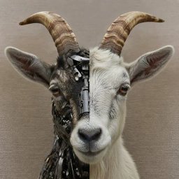 Digital art piece depicting a goat with one half being a real white goat and the other half composed of dark mechanical/metallic robotic parts.