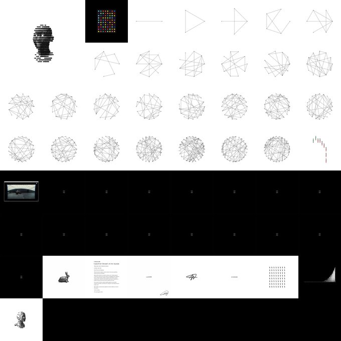A process visualization showing a pixel art figure, a color palette grid, and a grid of diagrams illustrating the iterative development of a circular wireframe network from simple geometric shapes to complex intersecting lines.