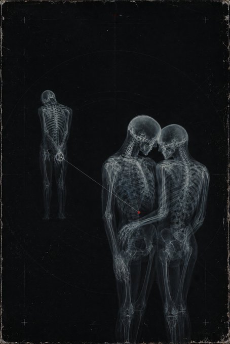 A dark, moody digital artwork depicting translucent X-ray-style human figures—one standing alone with hands bound and two embracing on the right—rendered against a black background with subtle geometric markings.