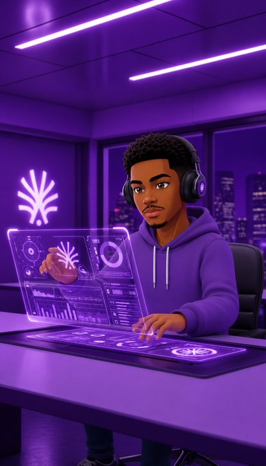A stylized digital illustration of a young man wearing headphones and a purple hoodie, working with a glowing holographic laptop and translucent screens in a purple-lit, futuristic workspace.
