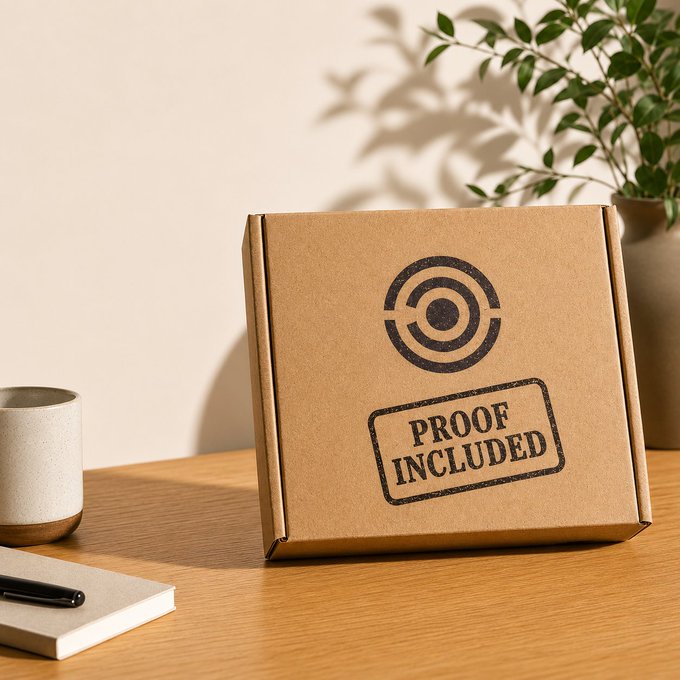 The image features a brown cardboard box sitting on top of a wooden desk, accompanied by a pen and a book. The box has a black stamp on it that reads "proof included", indicating that the contents inside are protected by a guarantee or warranty. This suggests that the items inside might be valuable, fragile, or require special care during transportation.