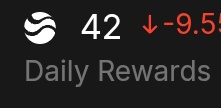 The image shows a dark interface displaying "42 Daily Rewards" with a red downward arrow and "-9.55" indicator, likely from the River platform's rewards dashboard. It visually represents the user's daily $river points earnings mentioned in their post celebrating four days remaining in season 5 of the @River4fun campaign.