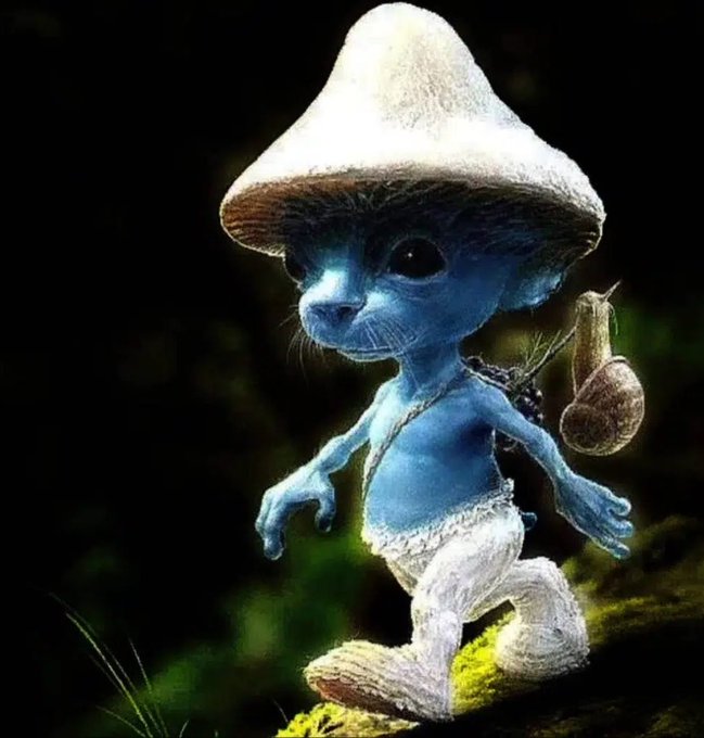 A digital artwork of a blue Smurf-like creature with large black eyes, wearing a large mushroom cap as a hat and white pants, carrying a small satchel.