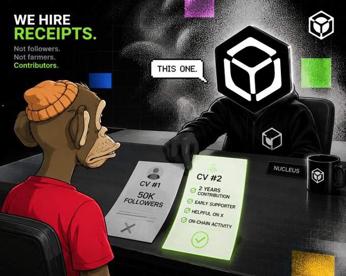 An advertisement-style graphic with the text 'WE HIRE RECEIPTS. Not followers. Not farmers. Contributors.' showing a cartoon figure being interviewed by a hooded character representing Nucleus, selecting CV #2 over CV #1 (50K followers) because of qualities like '2 Years Contribution' and 'On-Chain Activity.'