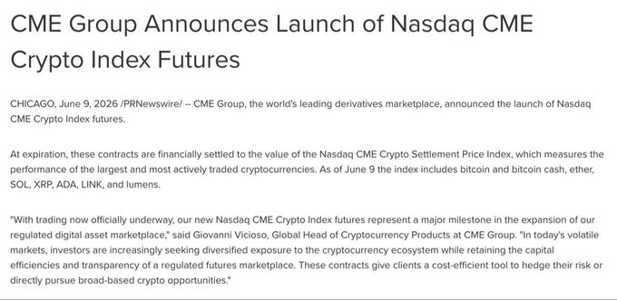 The image shows a screenshot of an article from the New York Times discussing the launch of Nasdaq CME's Crypto Index Futures. The main focus of the image is the article itself, with various details about the Crypto Index Futures that are likely related to this specific feature. However, since there seems to be no visible text or logos in the image, we cannot directly determine if any branding elements like logos or company names are present.