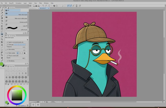 A digital illustration shows a teal platypus character dressed as Sherlock Holmes with a brown deerstalker cap, round glasses, and a cigarette, being edited in Clip Studio Paint EX. The detective-themed artwork humorously matches the post's "$Platy gang, detective trait unlocked" caption, depicting the platypus character in its investigator persona.