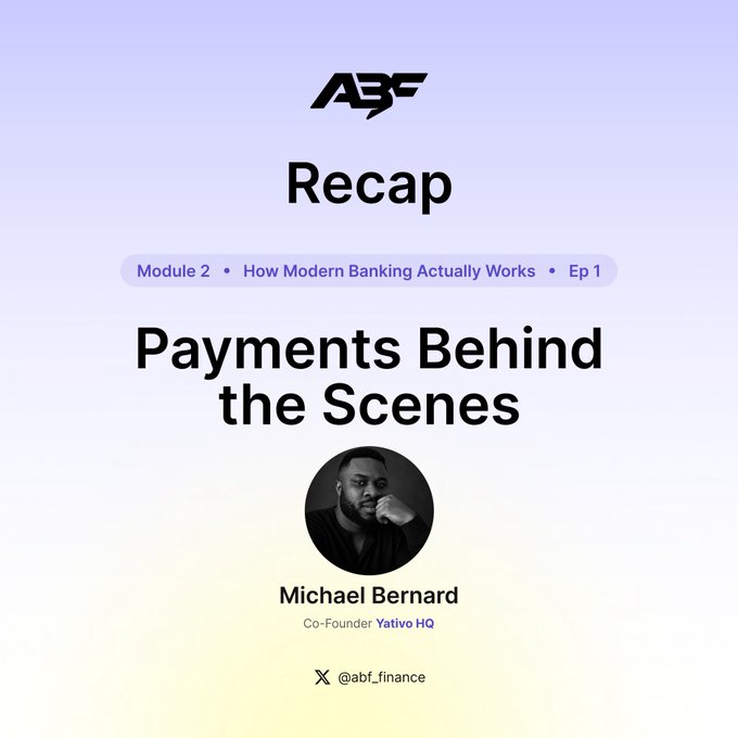 A recap graphic from ABF for 'Module 2: How Modern Banking Actually Works, Ep 1' titled 'Payments Behind the Scenes' featuring Michael Bernard, Co-Founder of Yativo HQ.