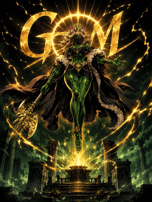A fantasy digital artwork depicts a powerful green-skinned warrior woman holding a golden axe, floating above an altar with the letters 'GM' glowing in golden light behind her.