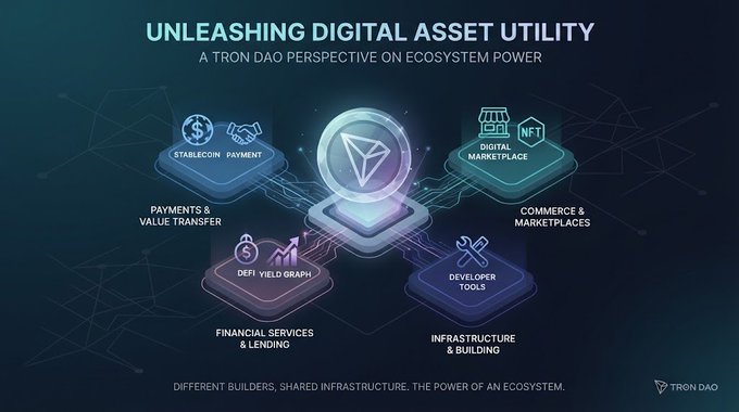 An infographic titled 'UNLEASHING DIGITAL ASSET UTILITY - A TRON DAO PERSPECTIVE ON ECOSYSTEM POWER' showing the TRX coin connected to services like Payments, DeFi, Digital Marketplace, and Developer Tools.