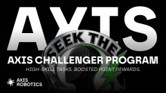The image is a black promotional banner featuring bold white text "AXTS" at the top and "AXIS CHALLENGER PROGRAM" with the tagline "HIGH-SKILL TASKS. BOOSTED POINT REWARDS." below, along with the Axis Robotics logo in the corner, visually reinforcing the post's announcement about the new gated program offering top-tier robot trainers access to higher difficulty tasks with enhanced rewards.