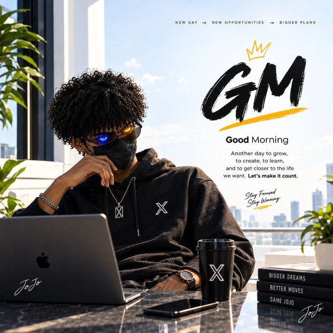 A stylish graphic featuring a person with sunglasses and a black mask working on a MacBook, with text 'GM Good Morning', 'NEW DAY → NEW OPPORTUNITIES → BIGGER PLANS', 'Stay Focused Stay Winning', and book titles 'BIGGER DREAMS', 'BETTER MOVES'.