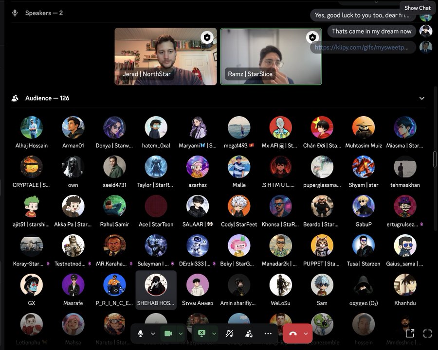 A screenshot of a Clubhouse live audio room hosted by NorthStar featuring speakers Jerad and Ramz (StarSlice), with 126 audience members visible as profile avatars in the grid below, including usernames like Alhaj Hossain, Arman01, Donya, Maryam, and others. The chat sidebar shows brief messages like "Yes, good luck to you too, dear friend" and a shared Klipy gif link, corresponding to the live session discussing "Summer Fiesta" with @0xRamz from @StartaleGroup.