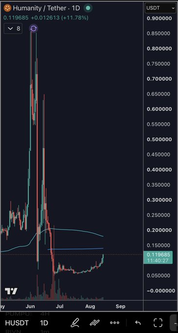 A TradingView chart displays the Humanity/Tether (HUSDT) 1D pair, currently priced at 0.119685 with a +11.78% gain, showing a volatile downtrend from a June peak near $0.90 toward lower support levels around $0.10. The "$H" ticker references Humanity Protocol, suggesting the poster views the current price rebound from its lows as an unfinished recovery opportunity.