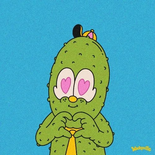 A cartoon illustration of a green, pickle-like character with heart-shaped eyes making a heart shape with its hands against a solid blue background, signed 'Mackville'.