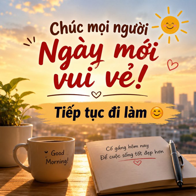 A Vietnamese motivational good morning graphic reading 'Chúc mọi người Ngày mới vui vẻ! Tiếp tục đi làm' (Wishing everyone a happy new day! Keep going to work) with a coffee mug, notebook, and smiling sun.