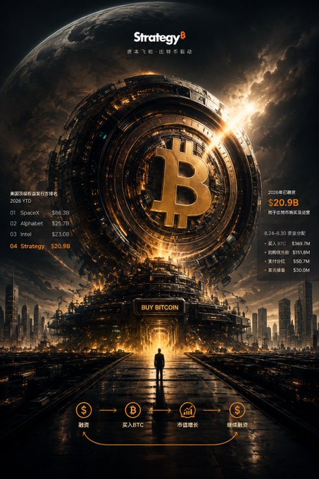 A promotional graphic for Strategy (formerly MicroStrategy) featuring a large Bitcoin symbol with the text 'Strategy', a ranking showing it as the #4 top US stock performer in 2025 YTD at $20.9B, and a 'BUY BITCOIN' button.