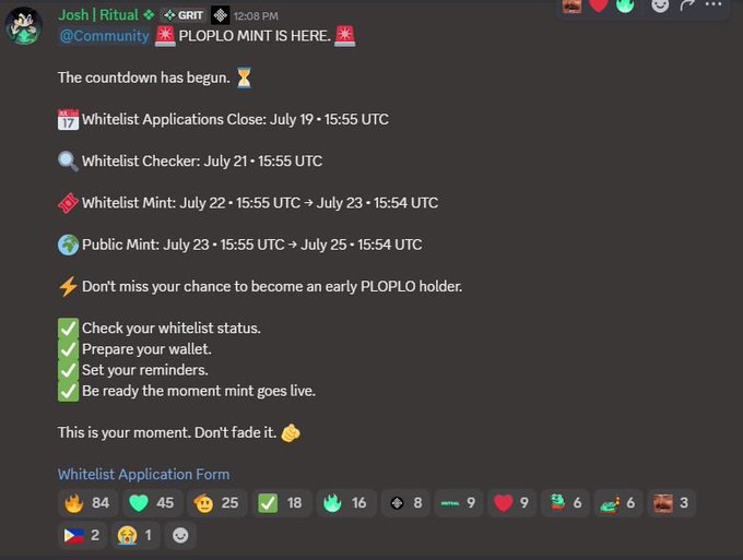 A Discord message from Josh | Ritual announcing "PLOPLO MINT IS HERE" with a countdown timeline for whitelist applications, checker, whitelist mint, and public mint dates in July.