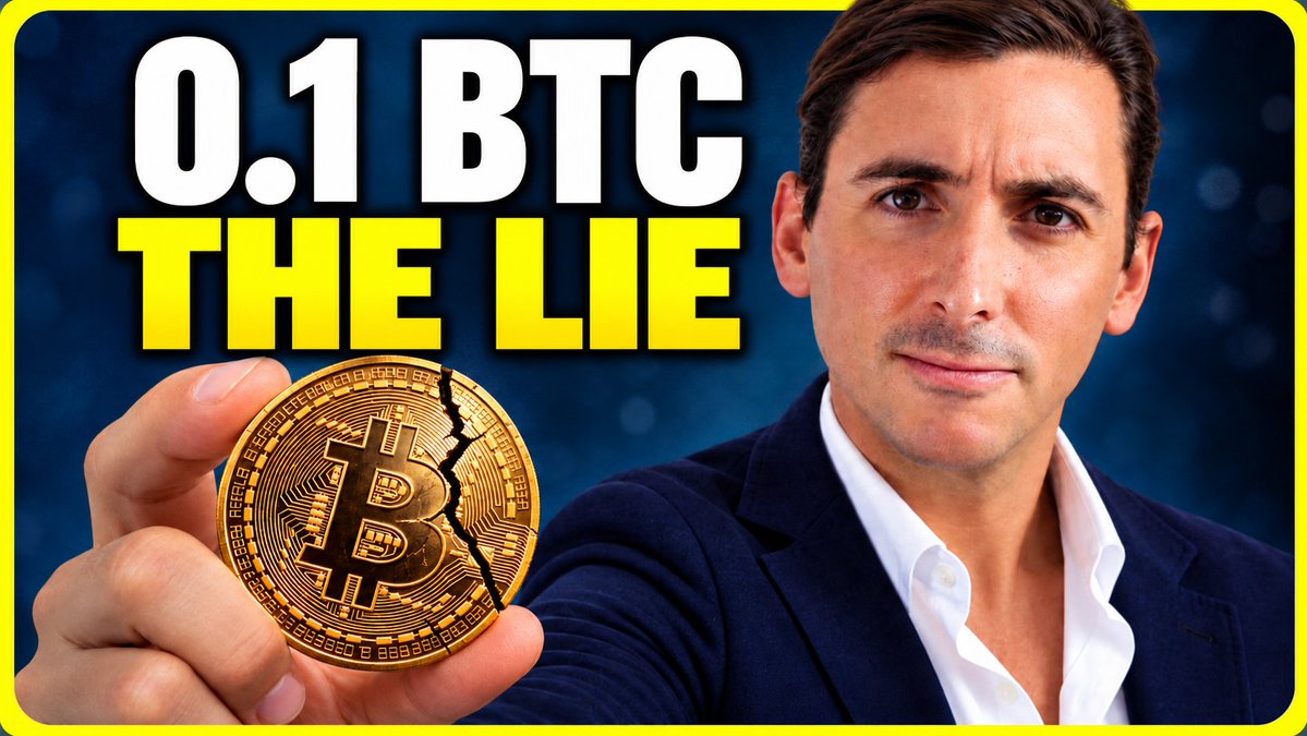 A man in a dark blazer holds up a cracked physical Bitcoin token against a dark background, with bold text reading "0.1 BTC THE LIE"—visually illustrating the claim that owning even a tenth of a Bitcoin is portrayed as unattainable or misleading.