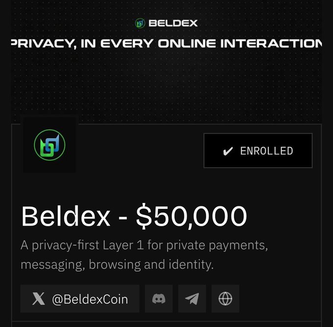A dark-themed promotional graphic for the cryptocurrency 'Beldex' with the header 'PRIVACY, IN EVERY ONLINE INTERACTION,' displaying 'Beldex - $50,000' and describing it as a privacy-first Layer 1.