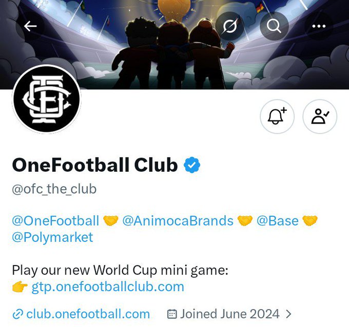 Twitter/X profile for OneFootball Club (@ofc_the_club), verified, joined June 2024, promoting a World Cup mini game with partners @OneFootball, @AnimocaBrands, @Base, and @Polymarket.