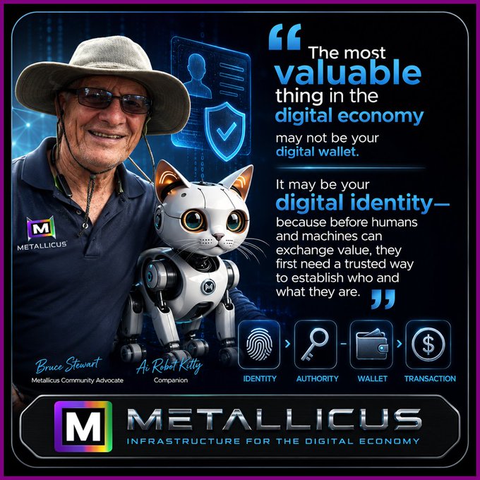 A promotional graphic for 'METALLICUS' featuring Bruce Stewart, a Metallicus Community Advocate, alongside a robotic kitten companion, emphasizing digital identity in the digital economy.