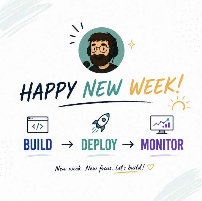 The image is a cheerful "Happy New Week!" graphic featuring a cartoon man with headphones and a beard, alongside the workflow stages "BUILD → DEPLOY → MONITOR" with corresponding icons (code, rocket, analytics chart), and the tagline "New week. New focus. Let's build!" with a small heart. It visually reinforces the post's message about $LNQ/@linq_ai's streamlined capabilities for prototyping, deploying, and monitoring on decentralized infrastructure.