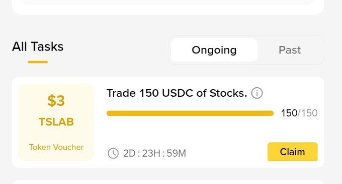 A task interface showing an ongoing task to 'Trade 150 USDC of Stocks' with a $3 TSLAB token voucher reward, 150/150 progress completed, a countdown of 2D:23H:59M, and a 'Claim' button.