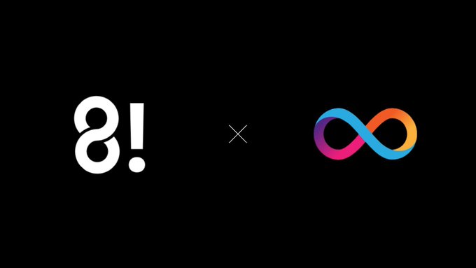 A collaboration graphic featuring the white "8!" logo on the left, an "X" symbol in the center, and the colorful infinity-shaped DFINITY/Internet Computer Protocol (ICP) logo on the right, against a black background—visually representing a partnership or partnership announcement between 8! and the Internet Computer Protocol, aligning with the post's emphasis on the significance of $ICP.