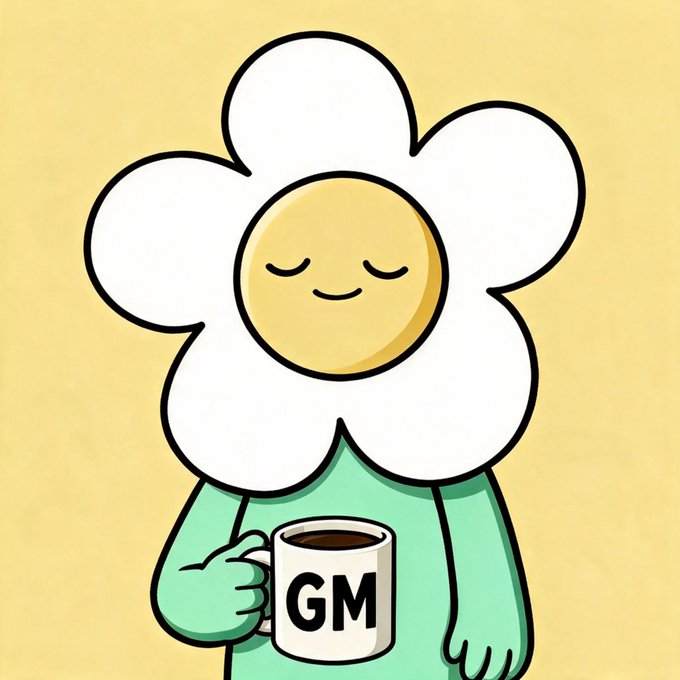 A cartoon illustration of a smiling flower character with a daisy-like white bloom and yellow center holding a mug labeled 'GM' against a yellow background.