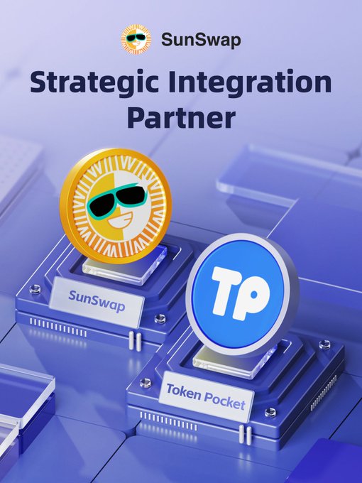 Promotional graphic displaying 'SunSwap' and 'Token Pocket' logos on blue pedestals, titled 'Strategic Integration Partner.'