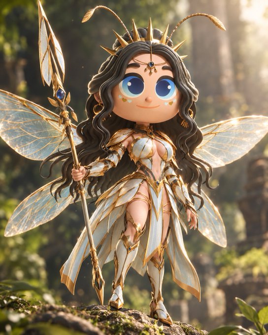 A 3D-rendered chibi-style fairy character with large blue eyes, dark wavy hair, and golden armor stands in a forest, holding a spear and sporting translucent insect wings and antennae.