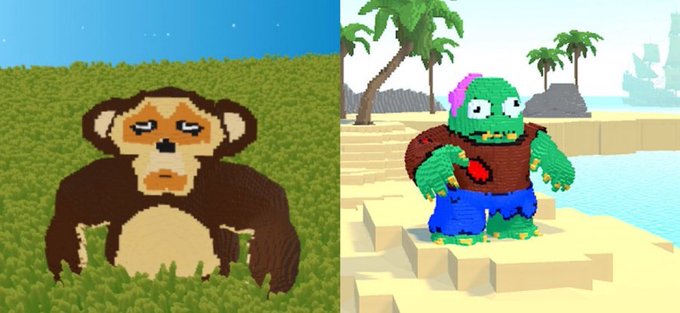 A pixel-art monkey on grass contrasts with a low-quality humanoid creature on a beach, illustrating the disappointing art reveal of Martin van Blerk's $70M Pixelmon NFT project that crashed after launch and never recovered in value.