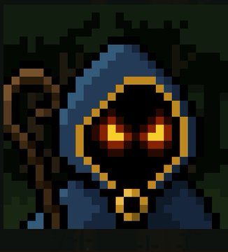 A pixel art illustration of a hooded, grim reaper-like figure with glowing orange eyes holding a wooden staff against a dark background.