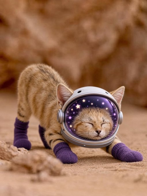 A small tabby kitten wearing purple socks and a clear space helmet filled with a starry galaxy pattern stands on sandy ground with a contented expression.