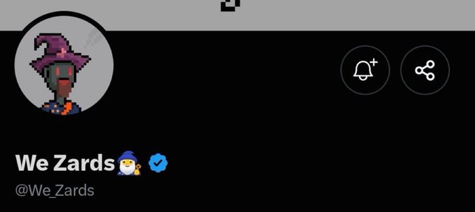 The image shows a Twitter/X profile page for "We Zards" (@We_Zards), featuring a pixel-art wizard avatar with a purple hat, a witch emoji 🧙‍♀️, and a verified checkmark. The profile relates to the post by showcasing the verified account being highlighted as an early NFT find, emphasizing its cool artwork and upcoming collection teased by @SickickZards.
