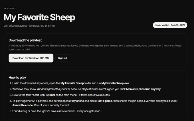 A dark webpage titled 'My Favorite Sheep' v0.1 private playtest offers a 116 MB Windows 10/11 download, featuring instructions on unzipping, starting with Tutorial, and playing 2-4 players online.