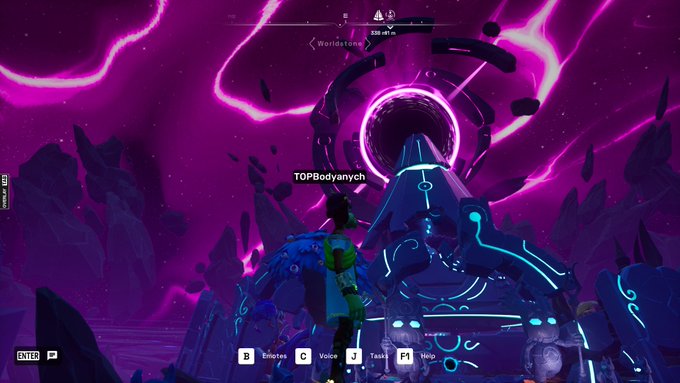A screenshot from a video game showing a character named 'TOPBodyanych' facing a large mechanical structure with glowing blue elements, set against a vibrant purple cosmic background near a portal labeled 'Worldstone'.