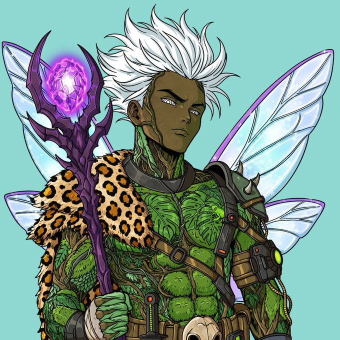 A fantasy character with white hair, insect-like wings, and a staff topped with a glowing purple crystal wears a leopard-print pelt and a green leaf-textured outfit. The user appears to be asking the community to identify a hidden "blob" or Easter egg within the SolGods NFT artwork, which fits the magical, nature-themed aesthetic of the character.