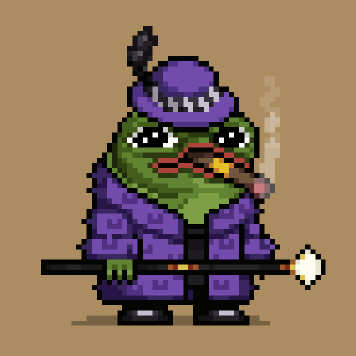 A pixel art character of Donnie (the Ninja Turtles) dressed in a purple gangster outfit with a fedora, smoking a cigar and holding a baseball bat. The image relates to the post by depicting a stylized "gangster" character named Gambino, matching the "GM from gambino" greeting and the hip-hop/gangster theme suggested by the shortened wallet address.