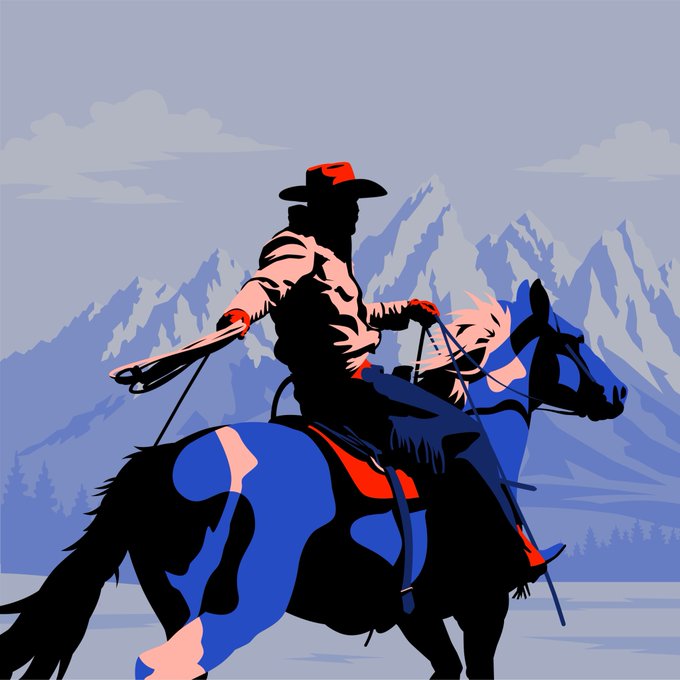 A stylized digital illustration depicts a silhouetted cowboy in a red hat riding a blue and black horse against a backdrop of blue mountains and sky.