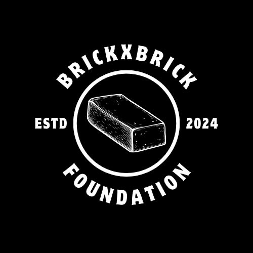 A circular black and white logo for the "BRICKXBRICK FOUNDATION ESTD 2024" featuring a brick illustration in the center.