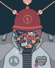 A digital illustration of a person with a red beanie featuring a lightning bolt symbol, with their head/face replaced by a chaotic mix of small icons and images, wearing a jacket with a peace symbol.